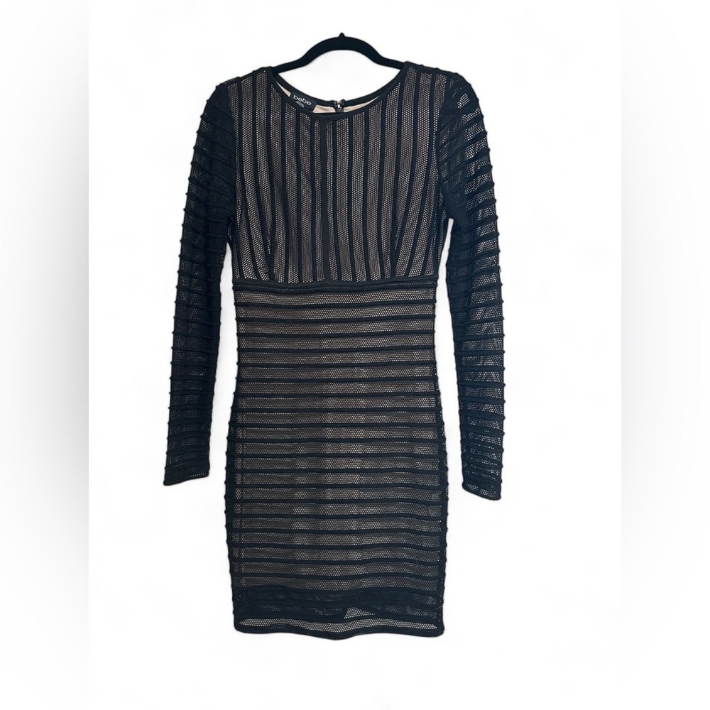 Lined mesh little black long sleeve dress with zipper down back